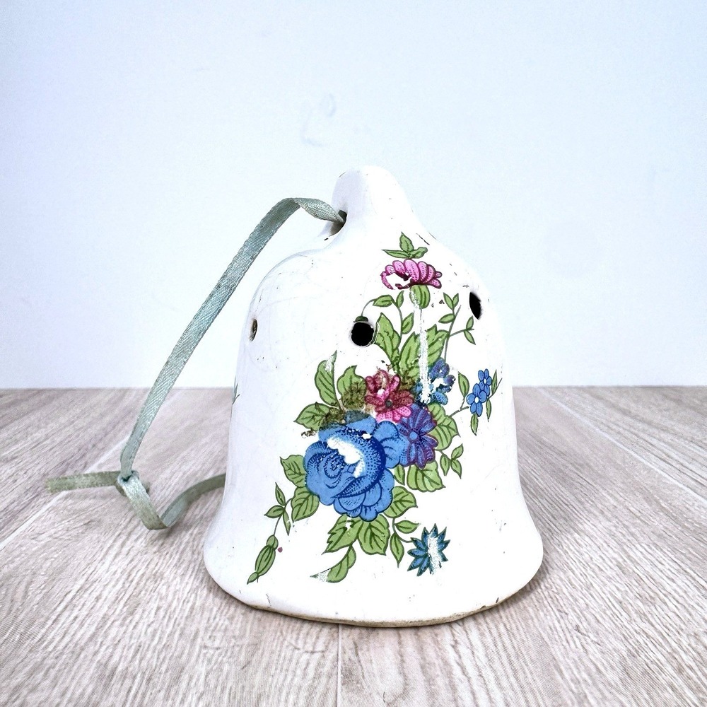 Vintage Ceramic Potpourri Bell Ornament Blue Floral Pierced Hanging‎ Decor READ